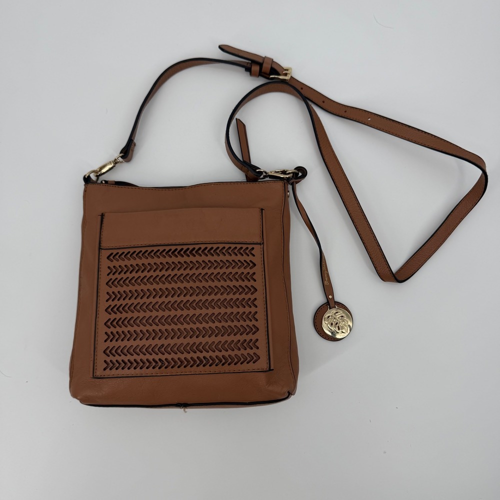 Tommy Bahama Cognac Brown Leather Perforated Crossbody Bag Gold Hardware